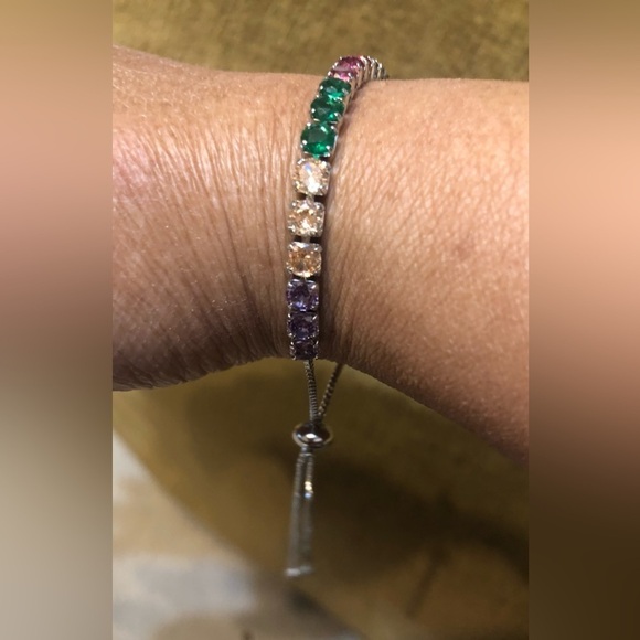 NEW Pretty Bird Adj 18k White Gold Plated Multicolor Lariat Tennis Bracelet - Picture 5 of 6